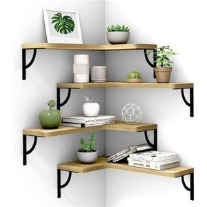 Corner Floating Shelves Wall Mounted Set of 4, Wood Display Storage Wall Shelves